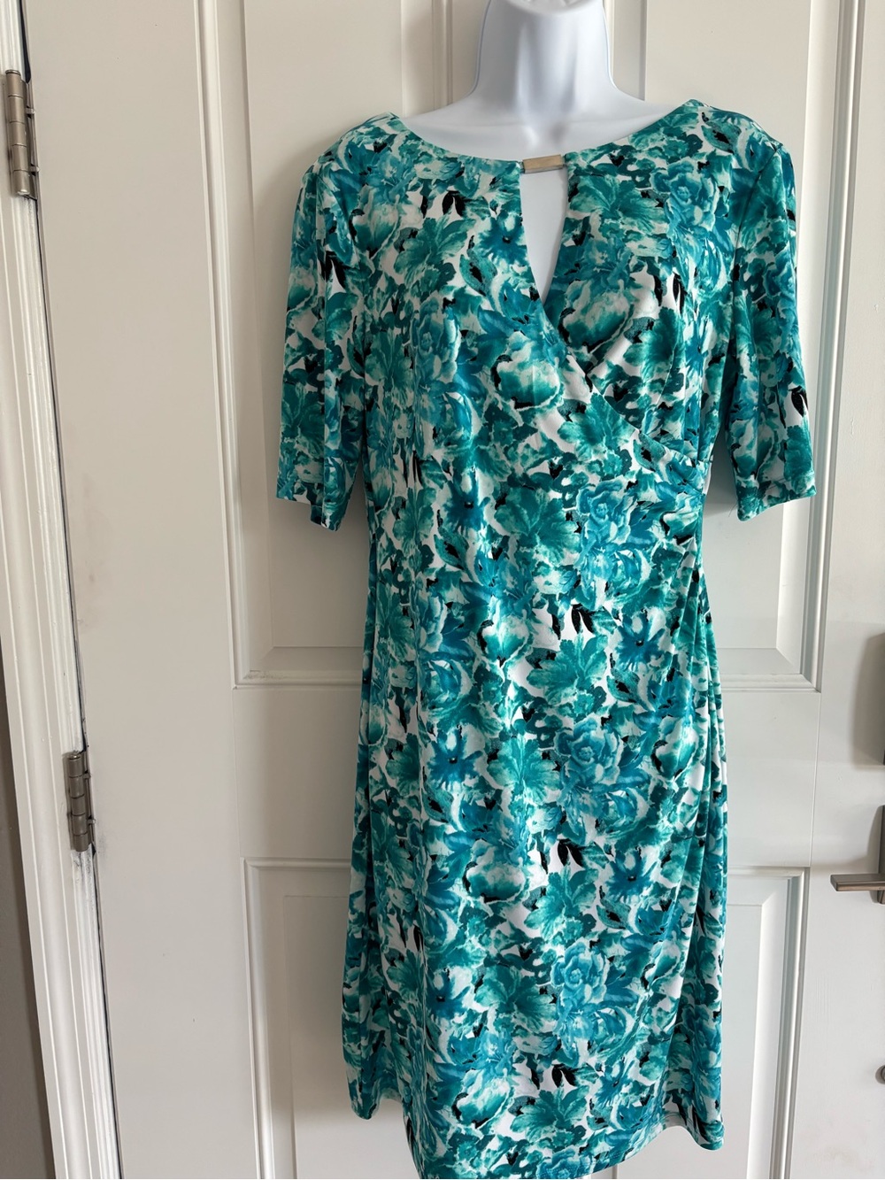 Floral Teal Wrap-Effect Midi Dress with Keyhole by Connected Apparel